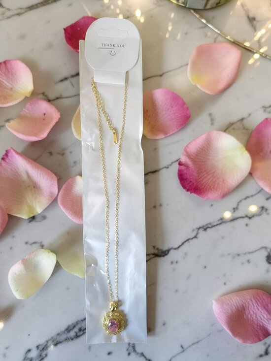 Golden River Designs Jewelry - 18K Gold Plated Zircon Pink Oval Flower Necklace